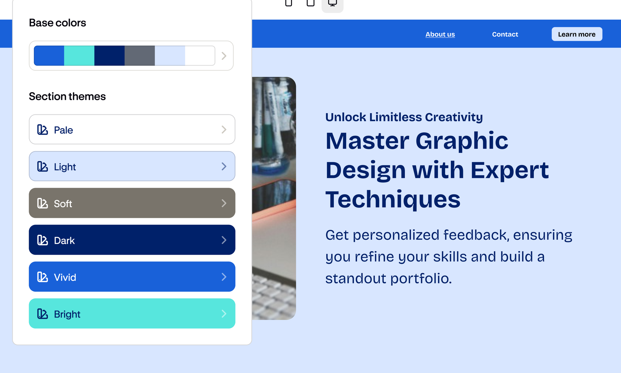 The Podia website builder showing a course landing page next to a panel for editing base colors and section themes.