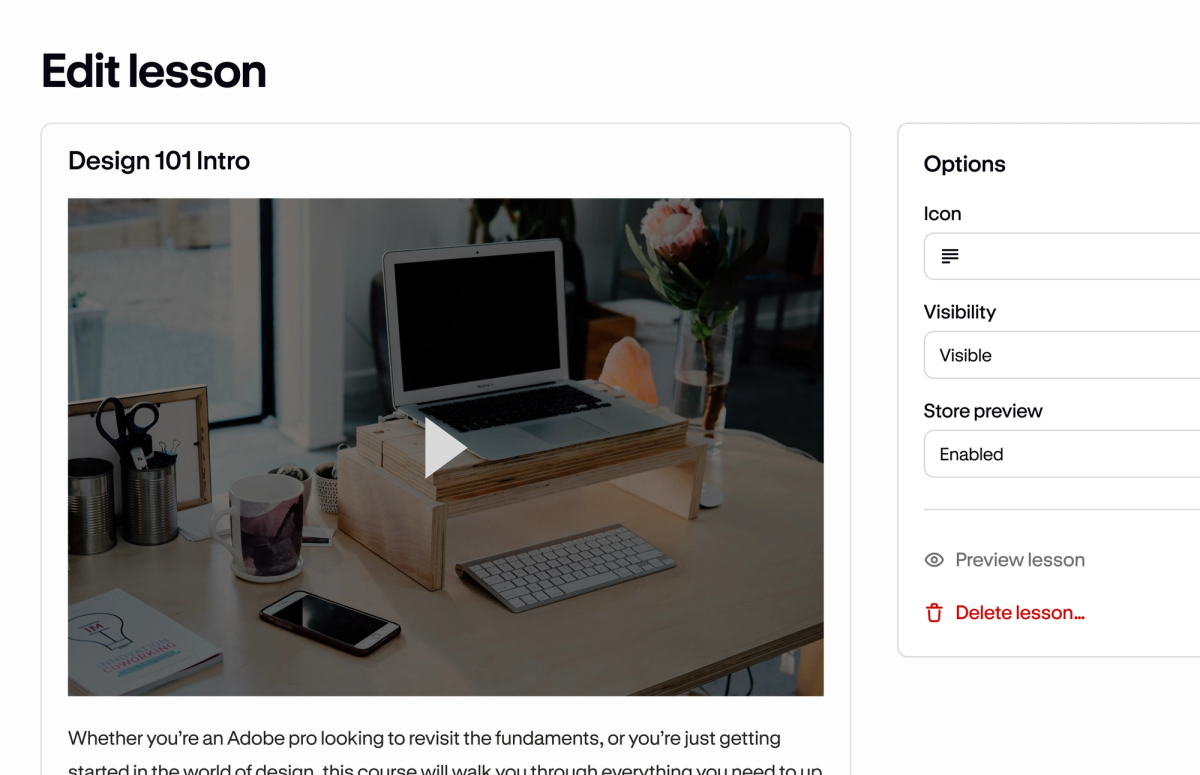 The Podia lesson editor for 'Design 101 Intro', showing a lesson video and its options panel.