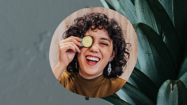 Portrait of wellness coach Valeria Hernandez with plant-based food and mindfulness icons