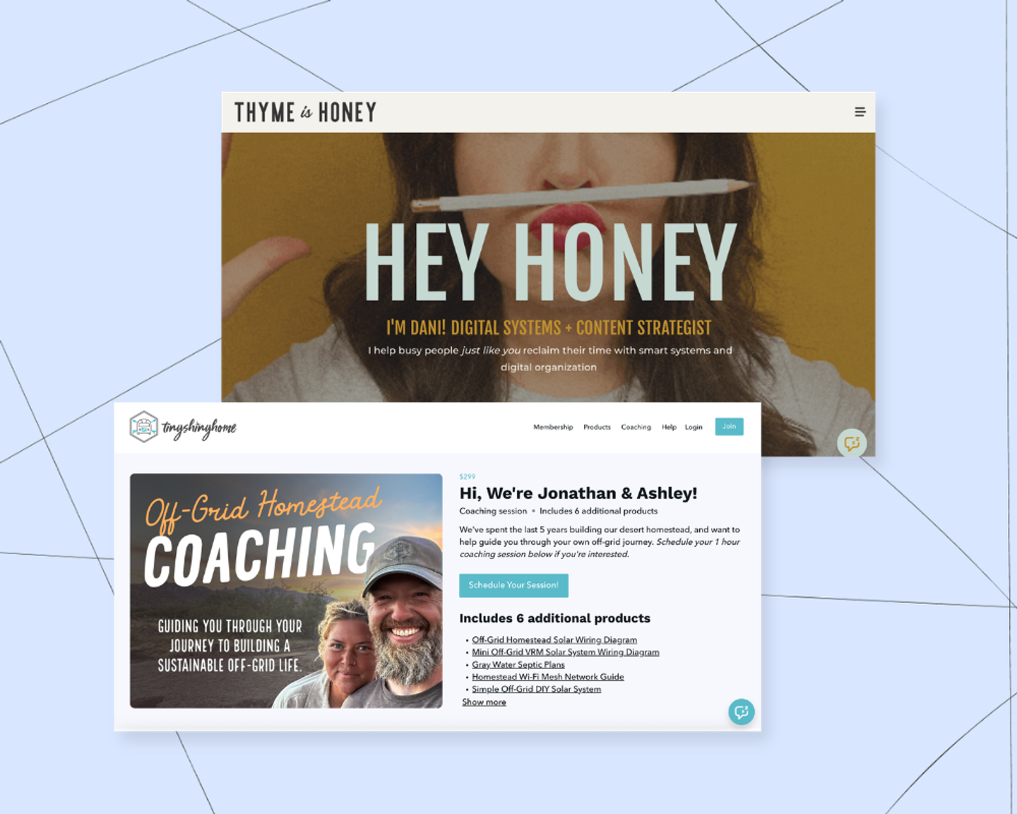 Two Podia content creators who earn money online. One monetizes their YouTube channel through digital products, a community, and coaching. One monetizes their audience with a newsletter and digital downloads.