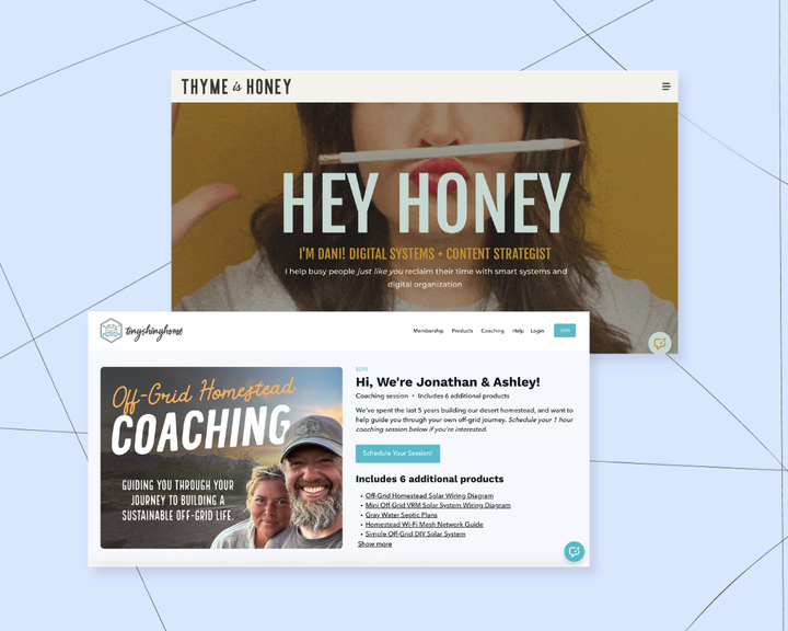 Two Podia content creators who earn money online. One monetizes their YouTube channel through digital products, a community, and coaching. One monetizes their audience with a newsletter and digital downloads.