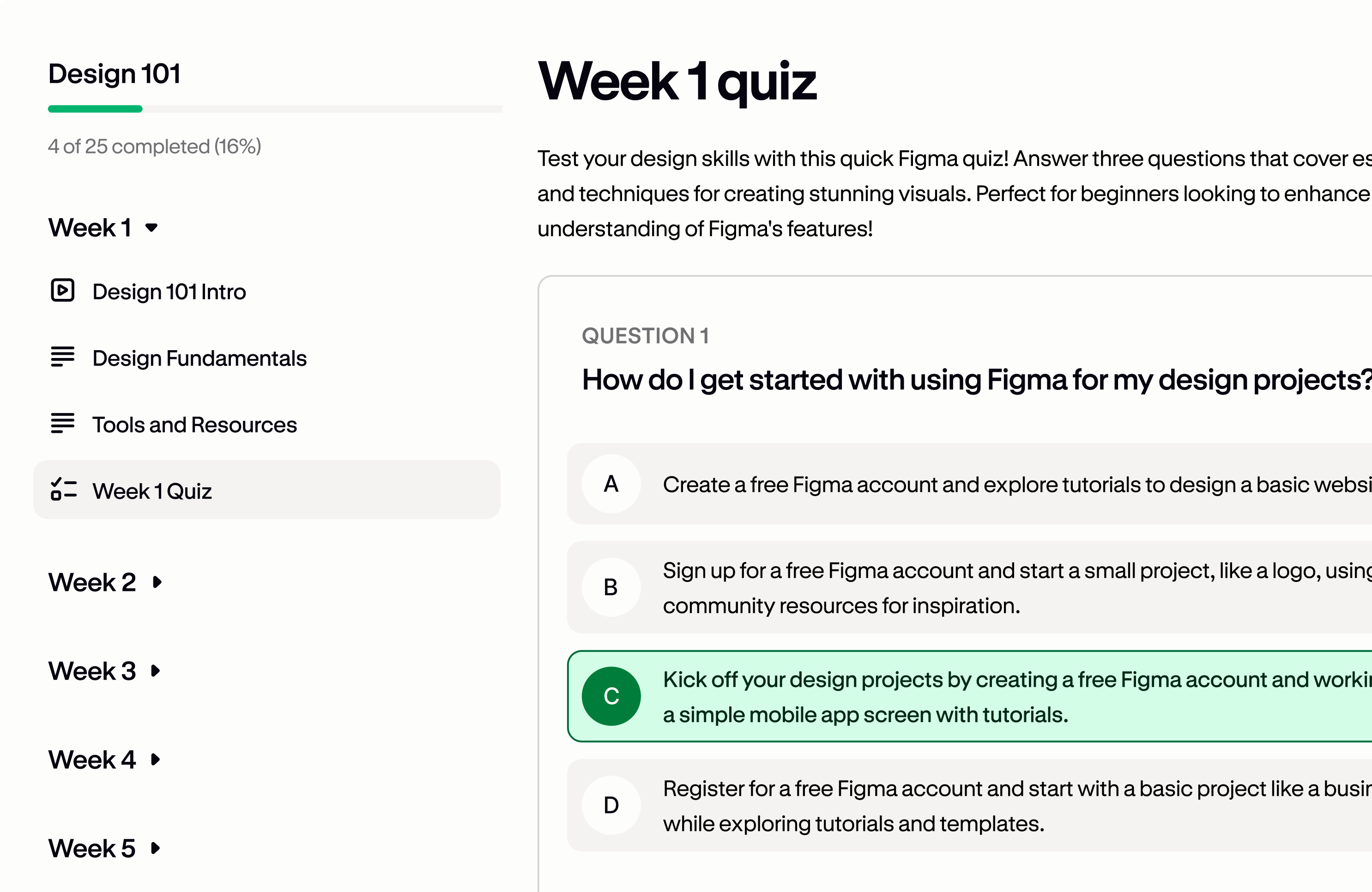 A Podia course quiz showing a multiple-choice question with answer options.
