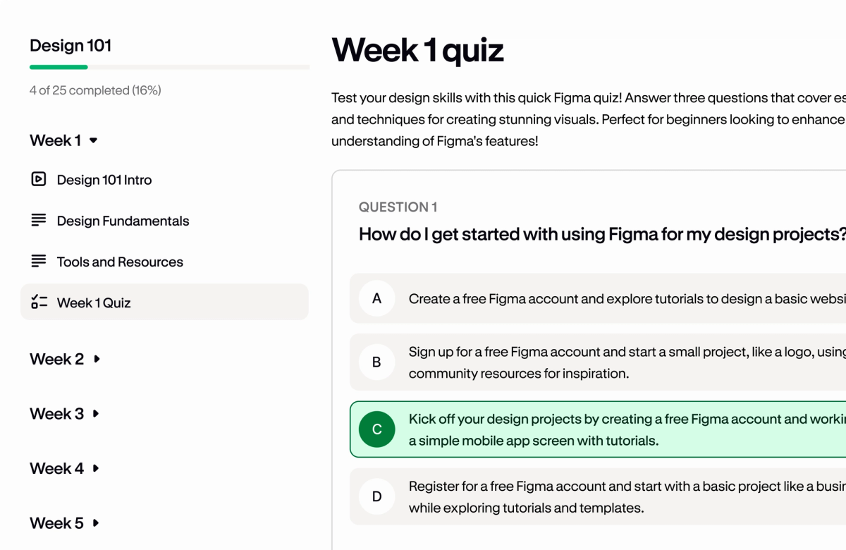A Podia course quiz showing a multiple-choice question with answer options.