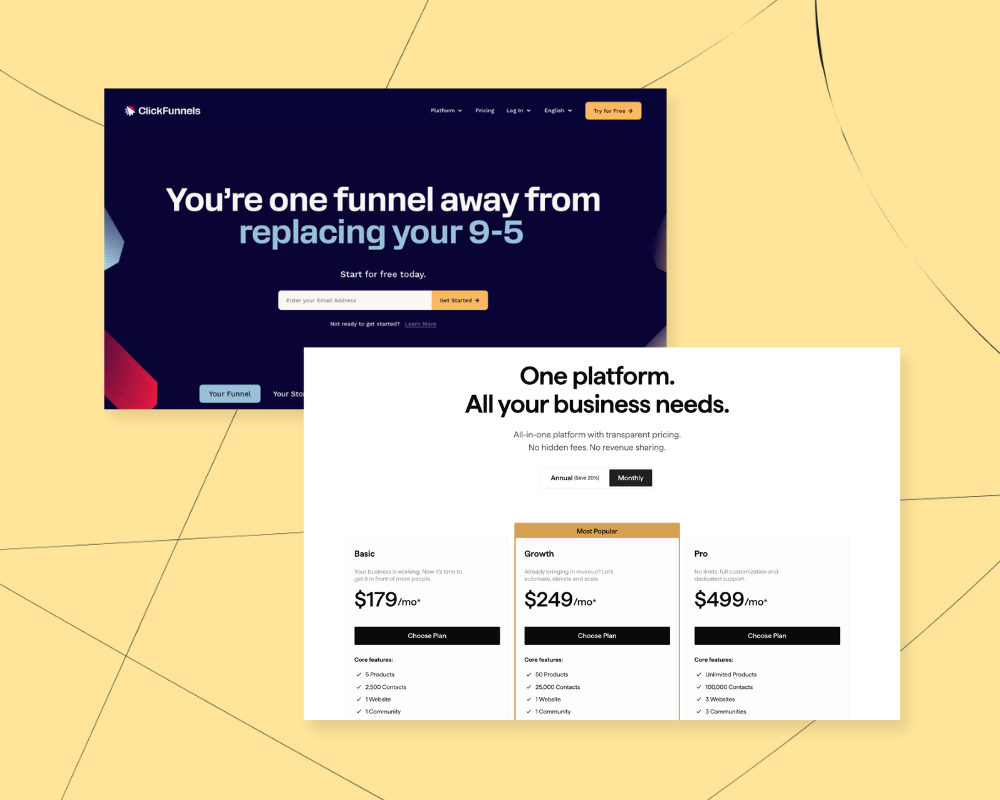 Comparison illustration of Kajabi versus ClickFunnels platforms shown side by side on screens