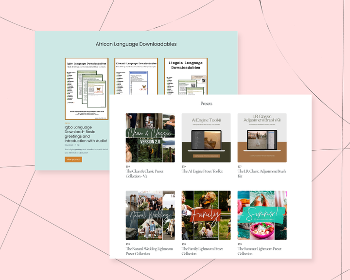 Illustration of various digital downloads displayed in Podia