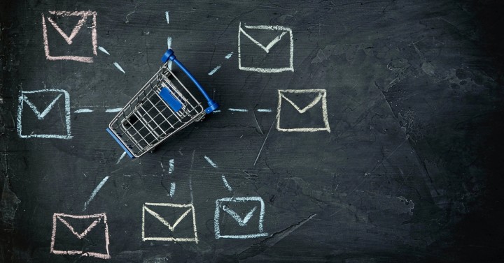 Dashboard illustration showing six email marketing metrics with open rates and click charts