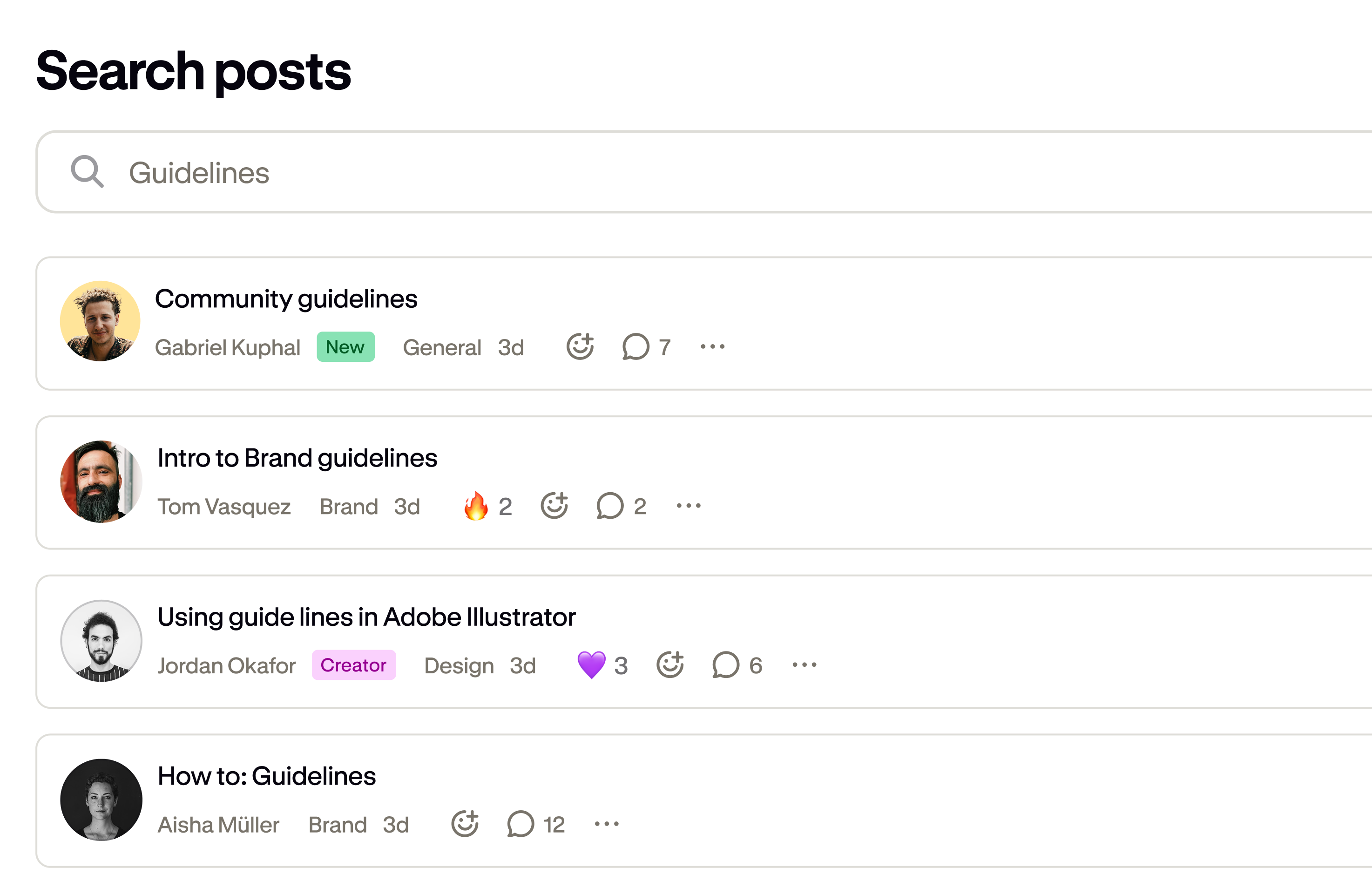 A Podia community post search showing results with authors, reactions, and comment counts.