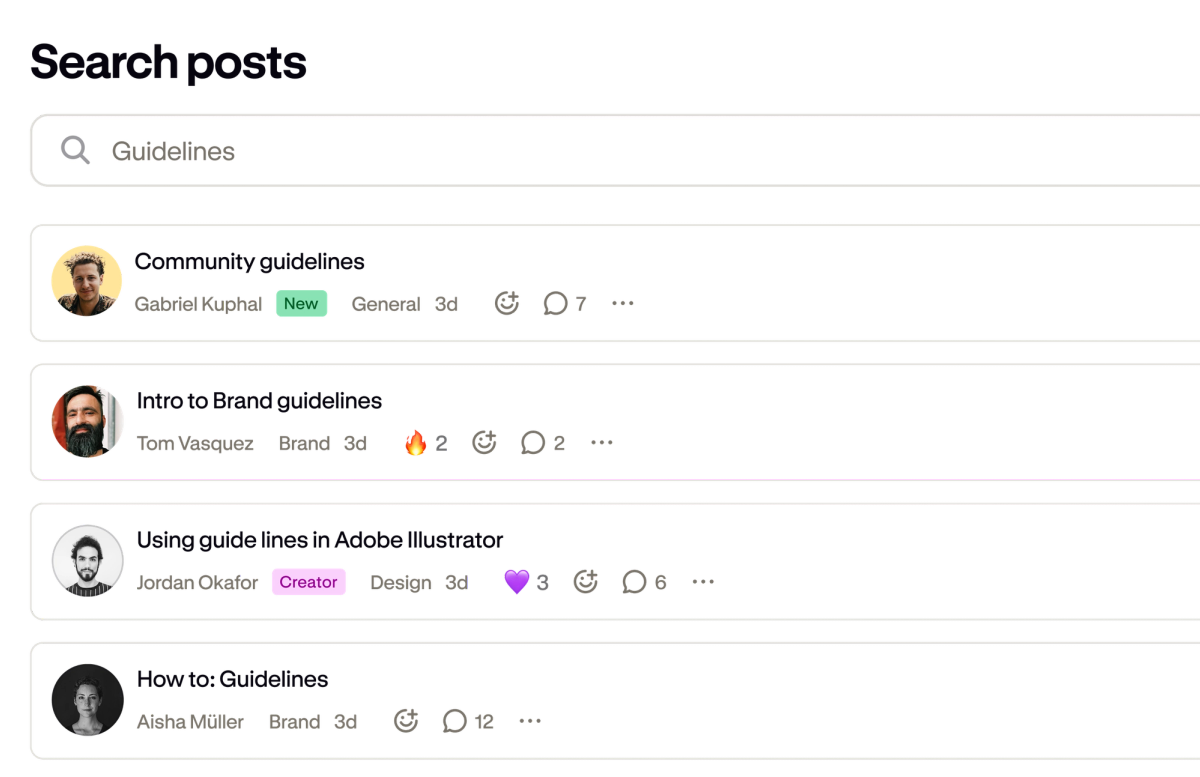 A Podia community post search showing results with authors, reactions, and comment counts.
