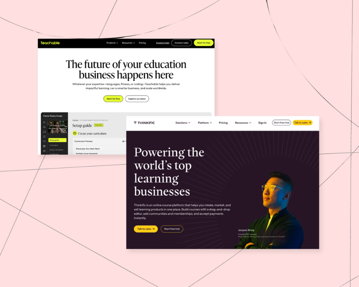 Comparison illustration of Teachable versus Thinkific course platforms on dual screens