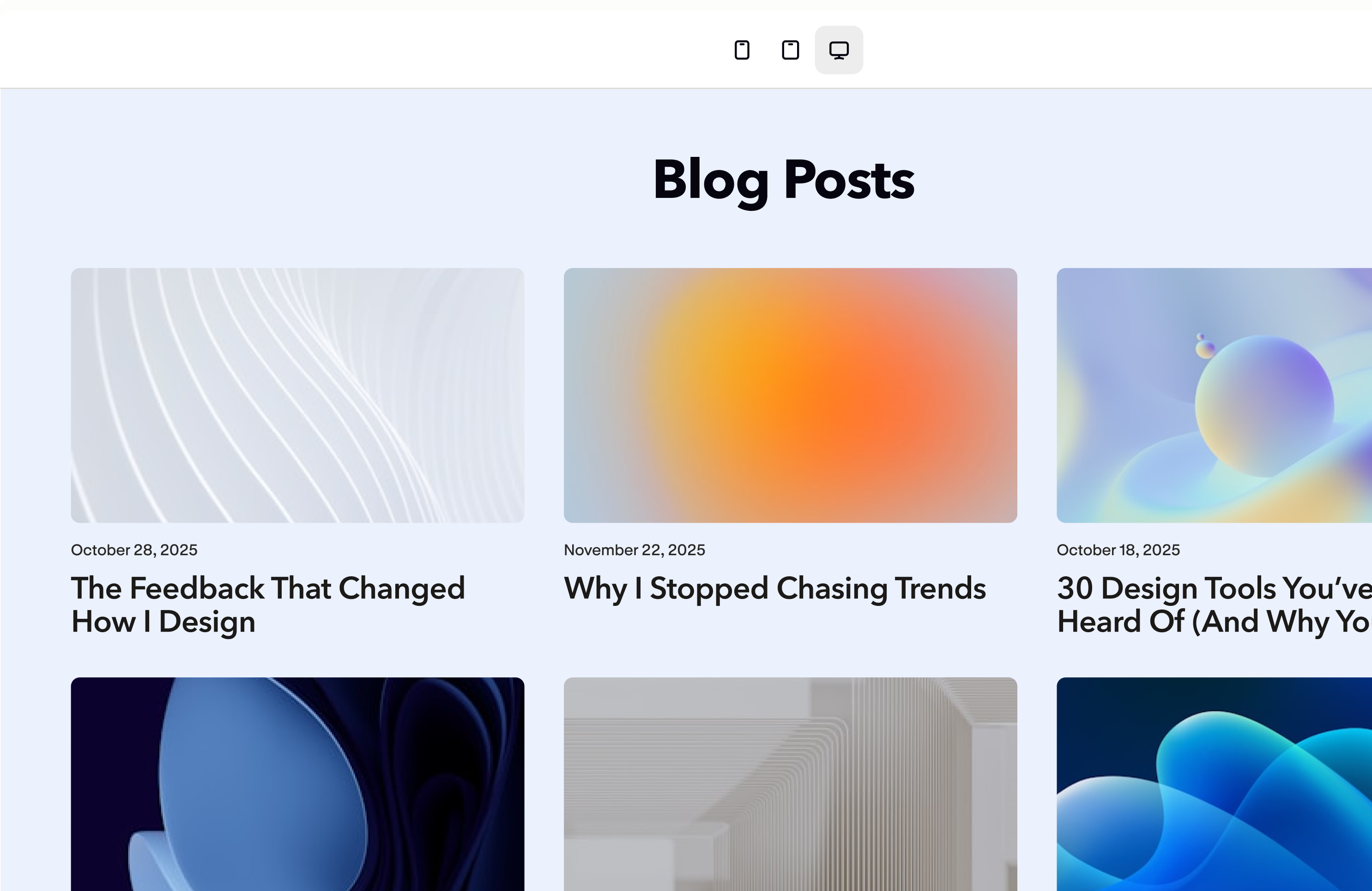 A blog built with Podia showing a grid of post cards with cover images and publish dates.