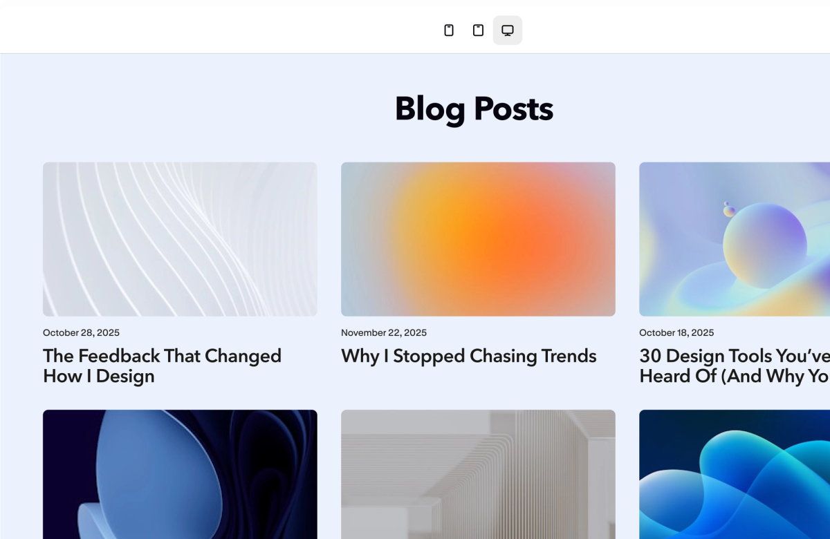 A blog built with Podia showing a grid of post cards with cover images and publish dates.