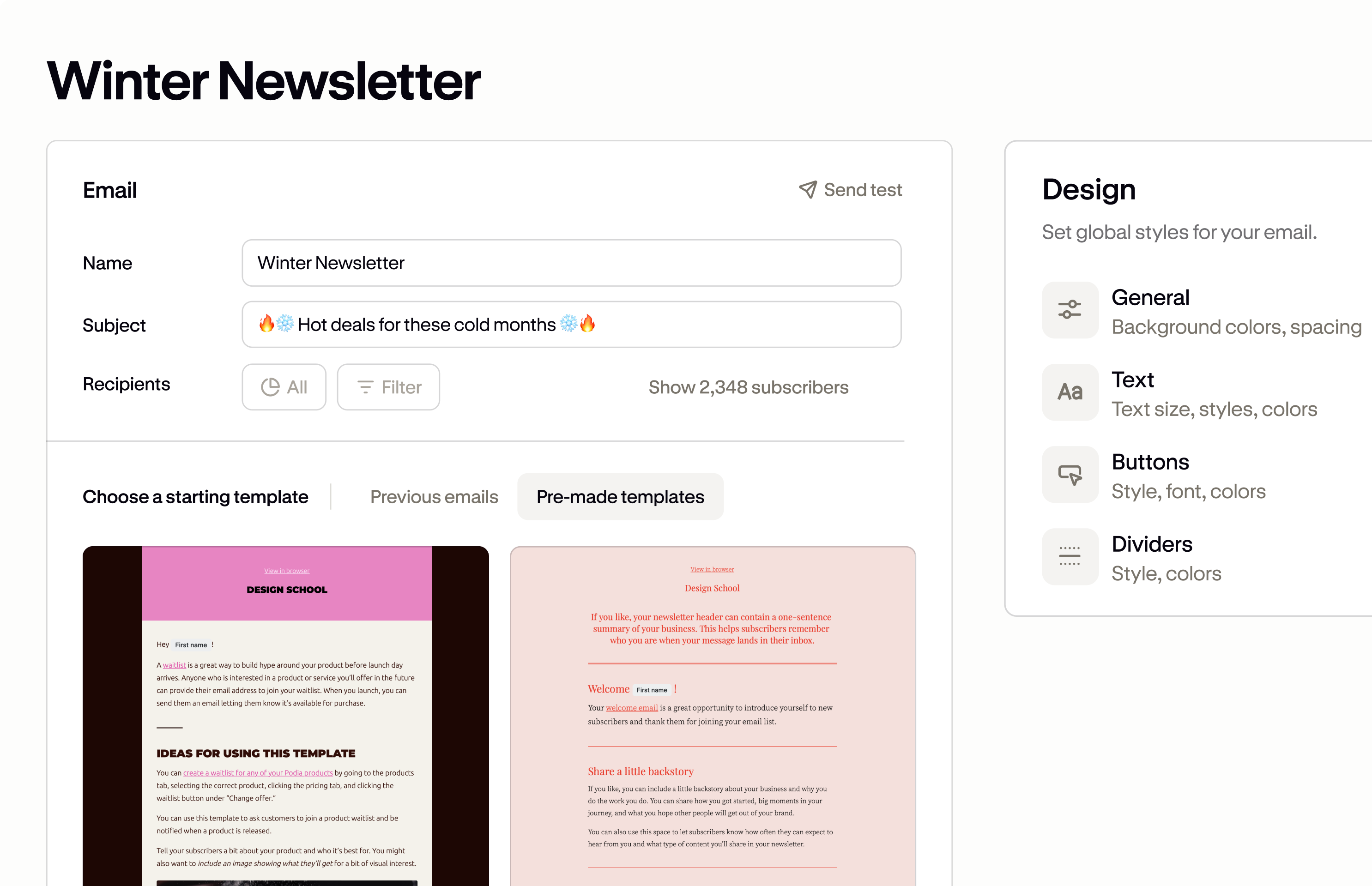 The Podia email builder showing pre-made newsletter templates to choose from.