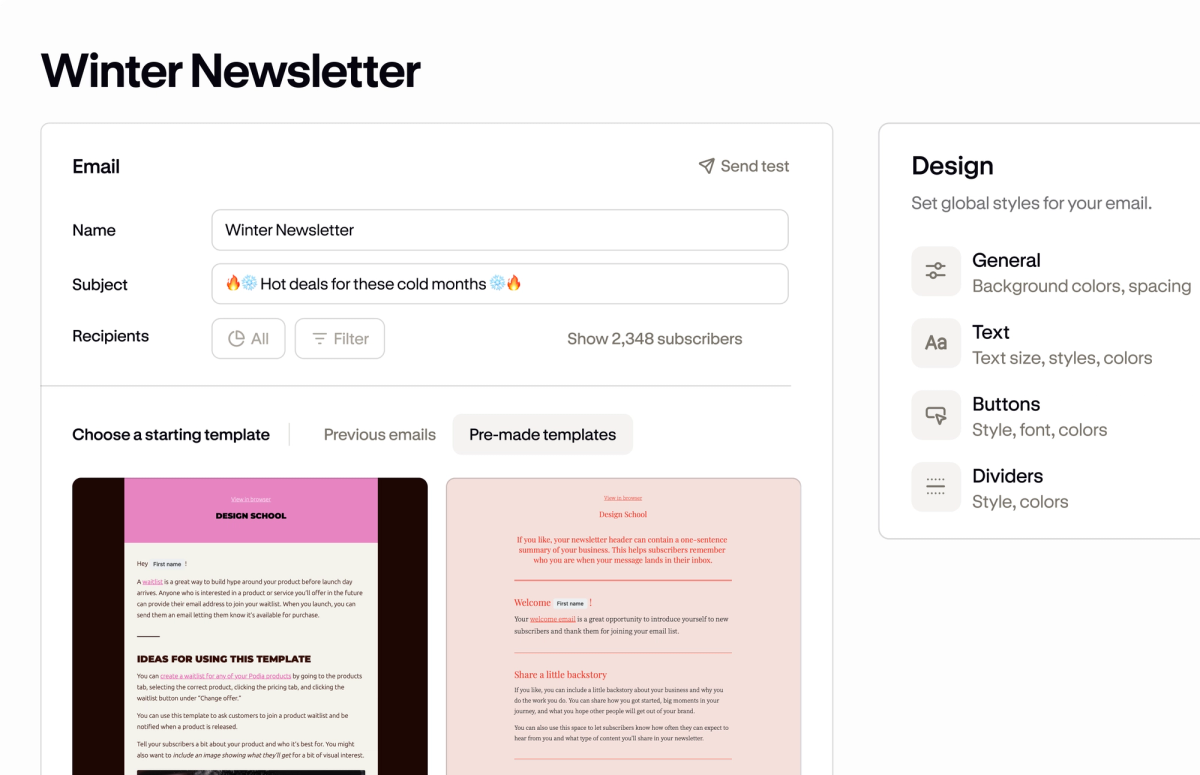 The Podia email builder showing pre-made newsletter templates to choose from.