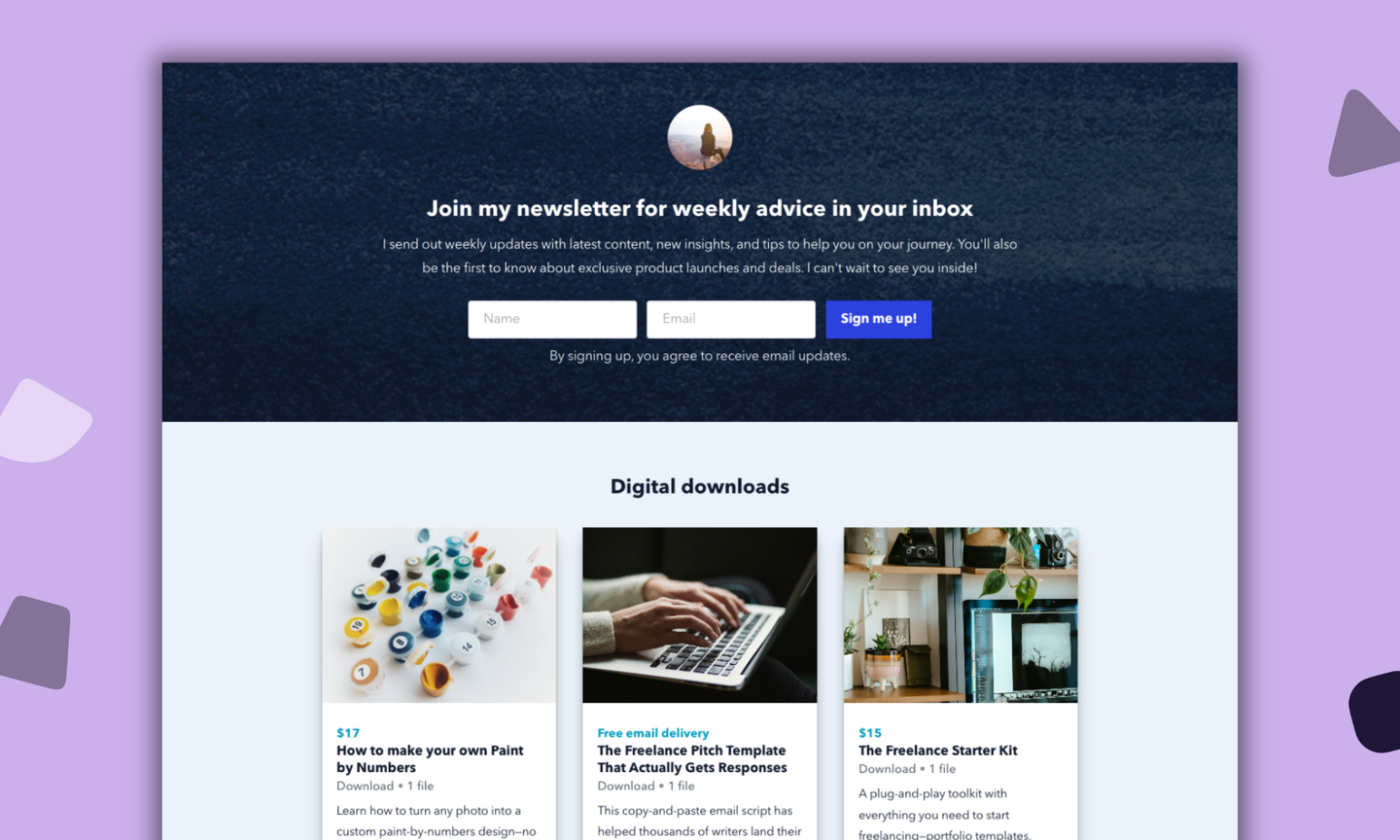 Illustration of newsletter and downloads platform combining envelopes and downloadable files