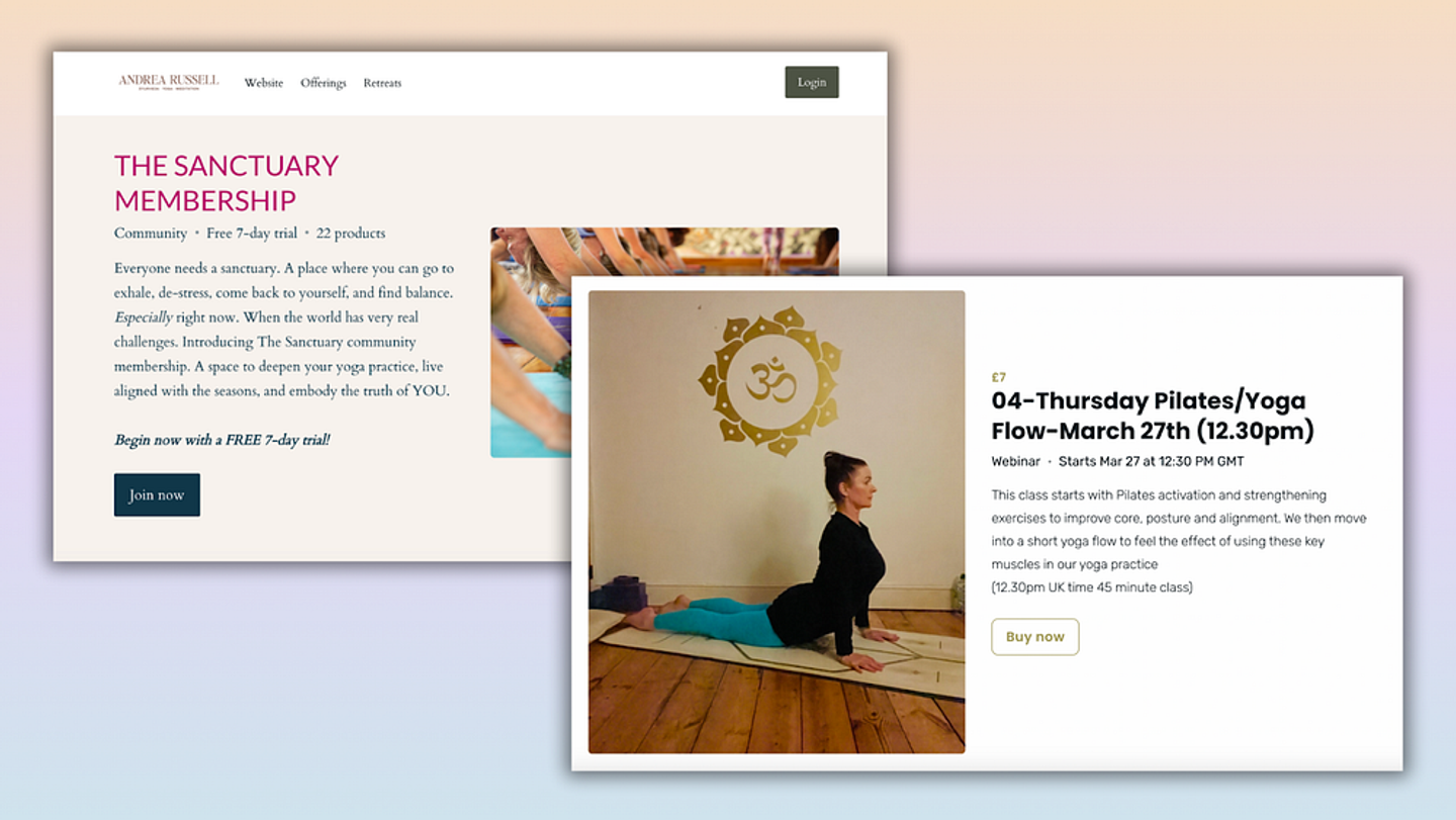 Illustration of a yoga instructor teaching virtually via laptop with students attending online classes