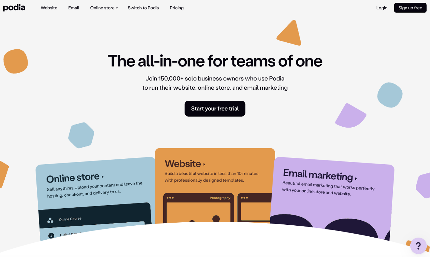 Illustration of Podia platform features with courses, downloads, and memberships icons