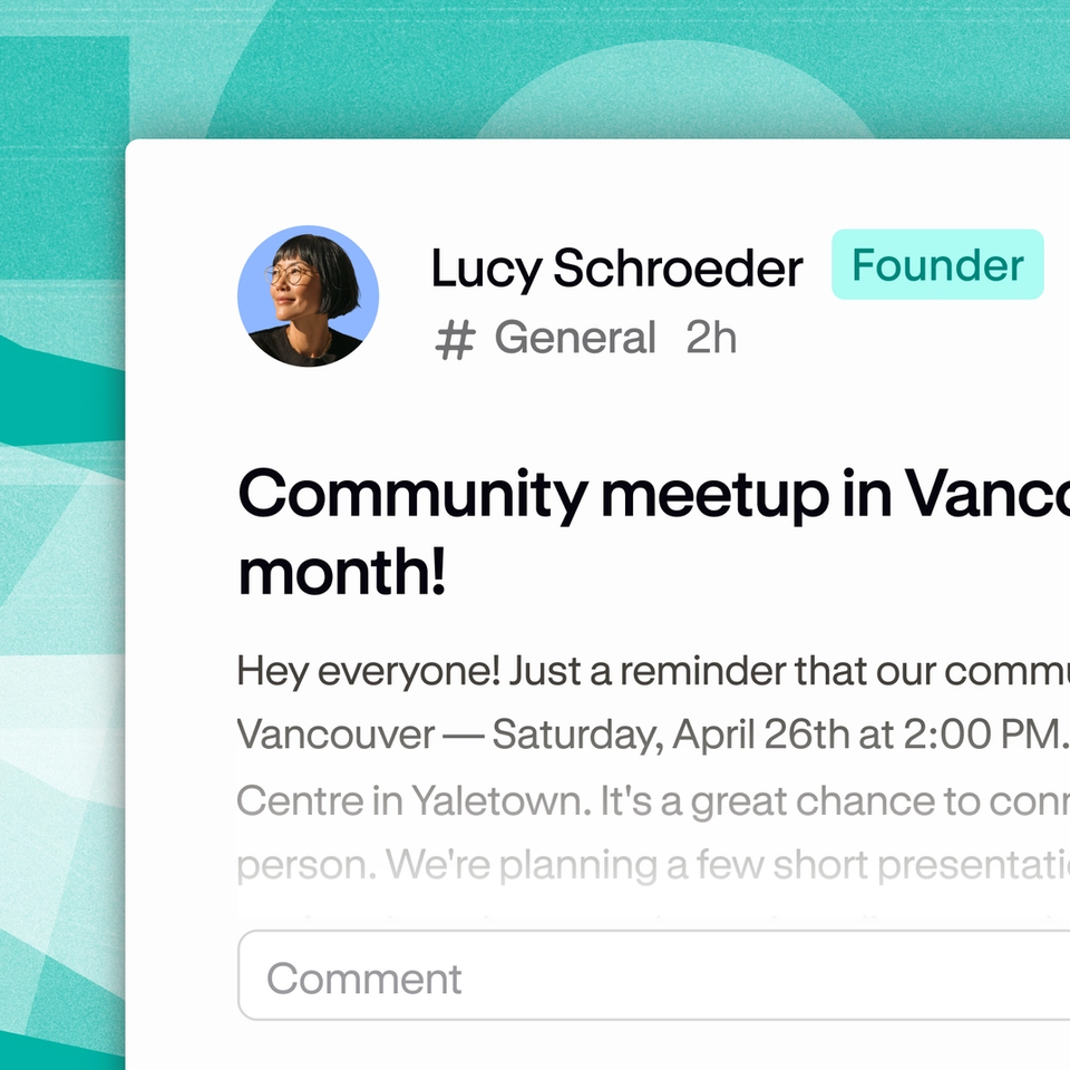 Podia community feed showing a post by Lucy Schroeder (Founder) announcing a Vancouver community meetup in the #General channel.