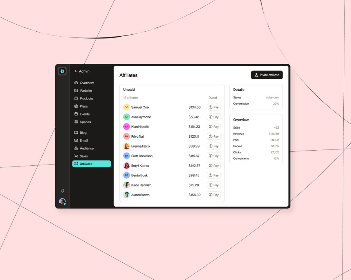 Inside Podia's affiliate marketing tool, where affiliates can promote a creator's products and earn commissions