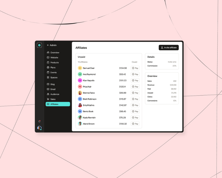 Inside Podia's affiliate marketing tool, where affiliates can promote a creator's products and earn commissions