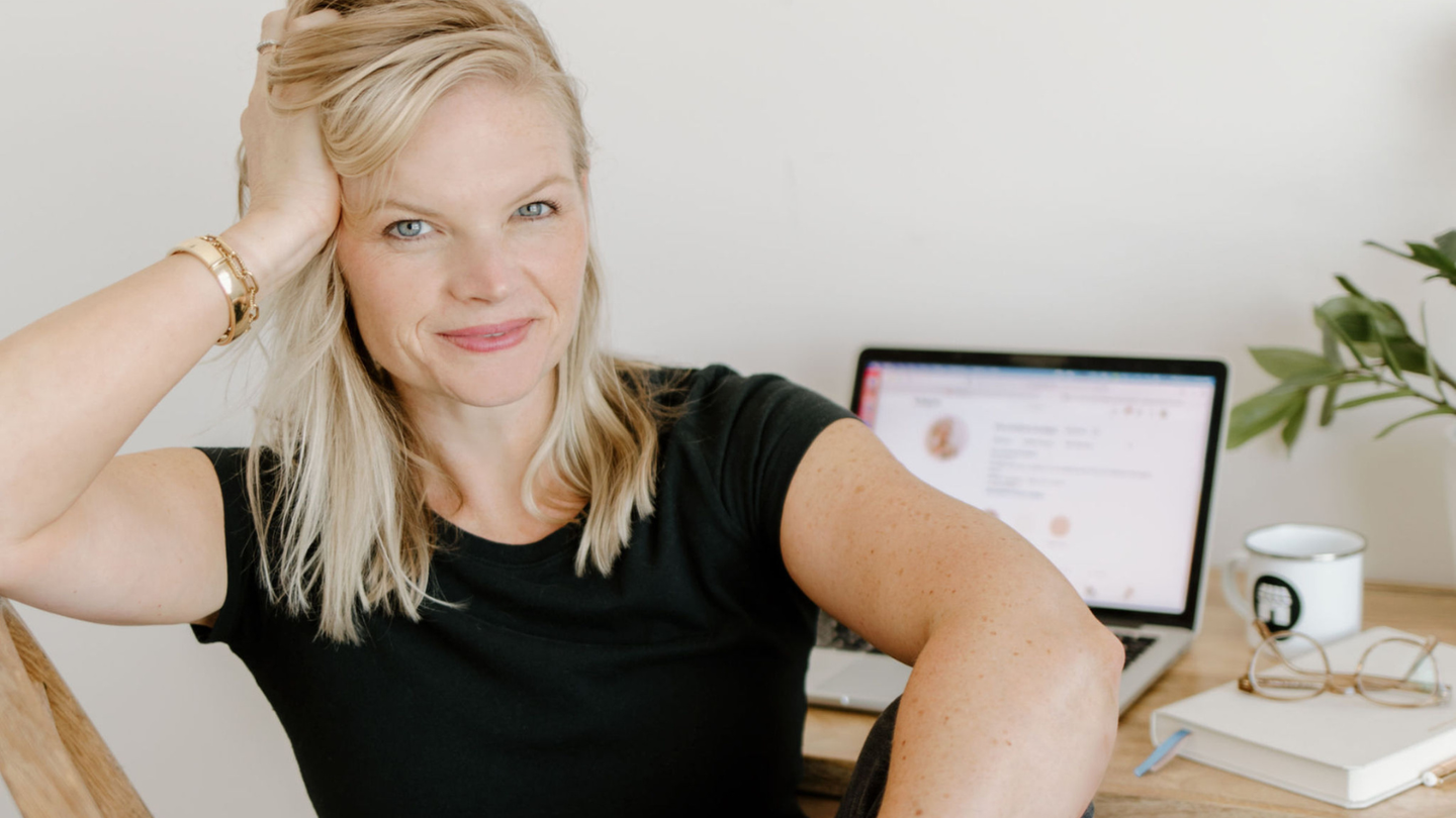 Portrait of creator Em Connors with launch graphics for her first online course