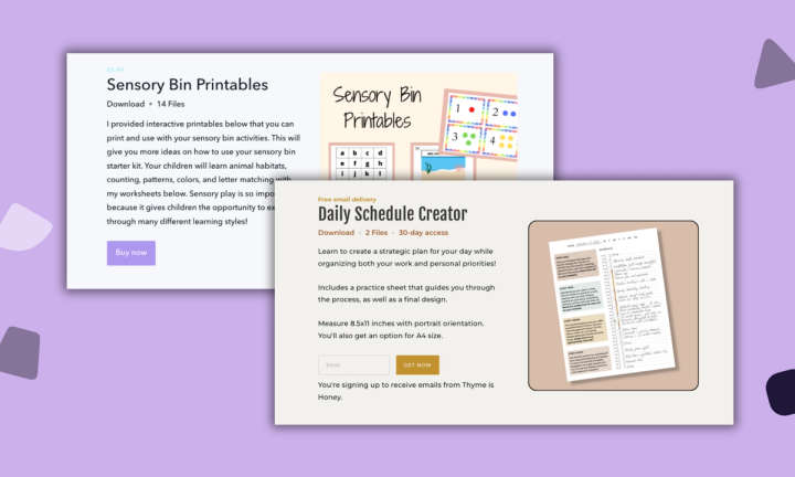 Illustration of printable templates and digital downloads stacked beside a stream of income