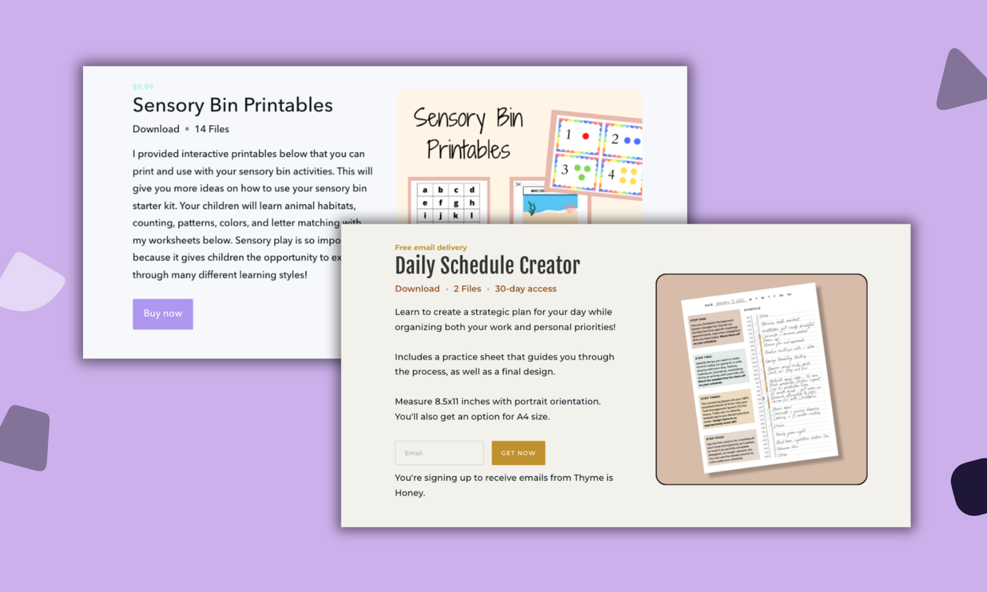 Illustration of printable templates and digital downloads stacked beside a stream of income