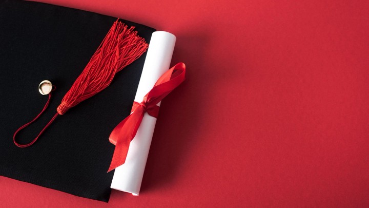 Illustration of a student holding a course completion certificate with diploma and ribbon