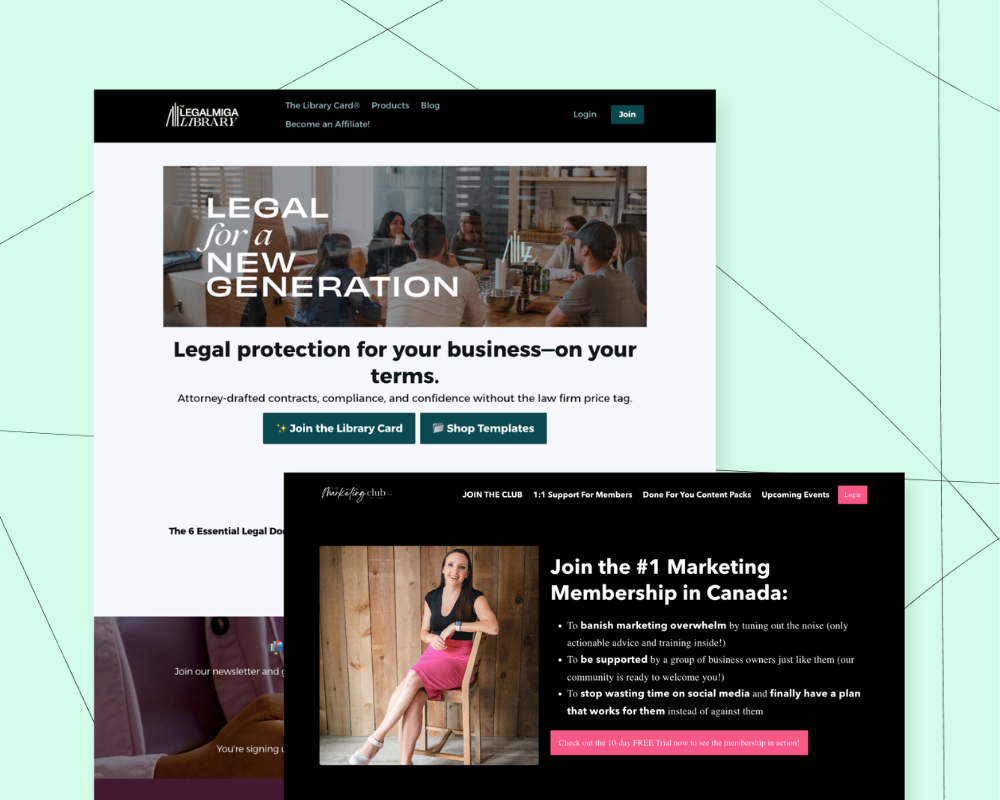 Illustration of two Podia membership sites with recurring revenue