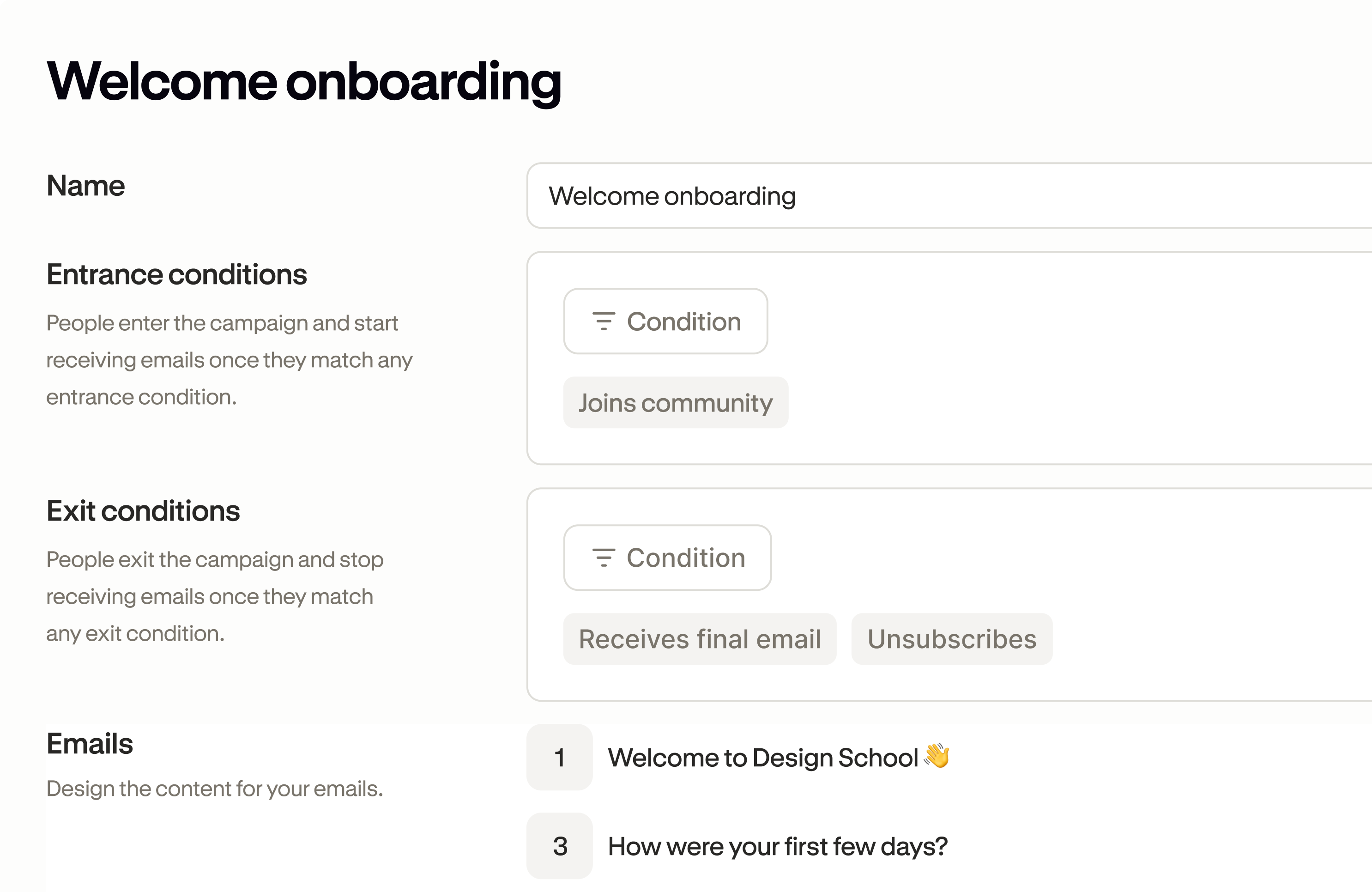 A Podia email automation editor showing a campaign's entrance and exit conditions and its sequence of emails.