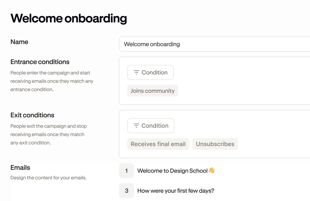A Podia email automation editor showing a campaign's entrance and exit conditions and its sequence of emails.