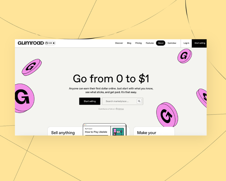 An illustration of Gumroad's home page, shown as our starting point before discussing different Gumroad alternative platforms