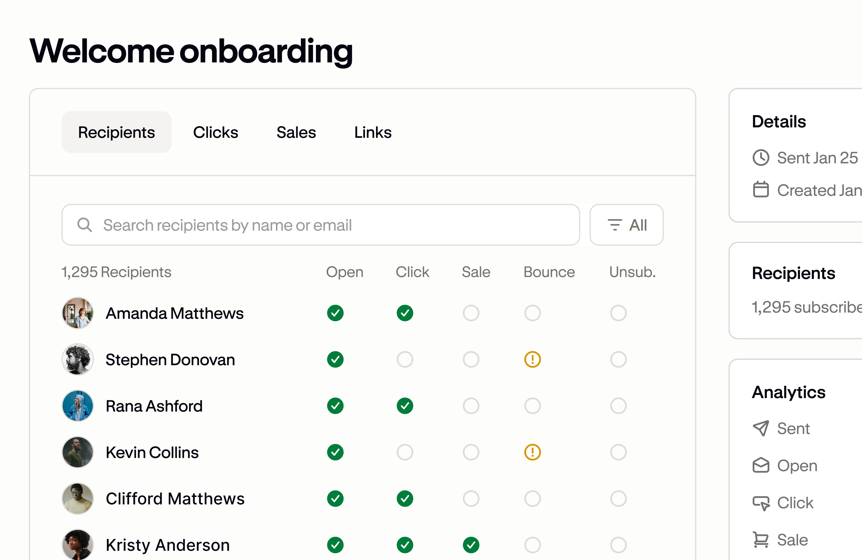 A Podia email campaign report listing recipients with their open, click, sale, bounce, and unsubscribe status.