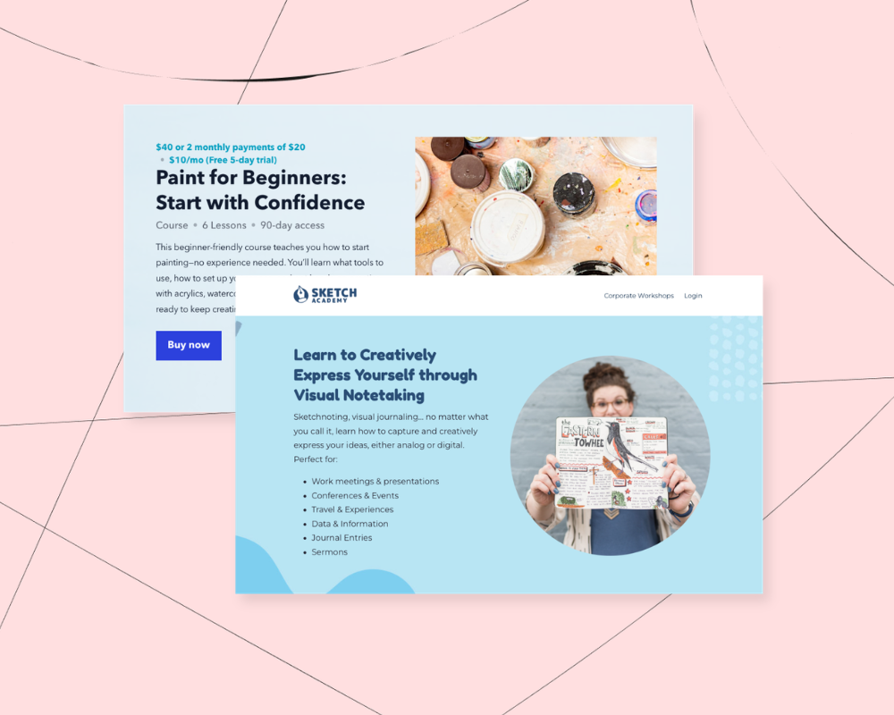 Illustration of digital products being sold online with download icons and payment graphics