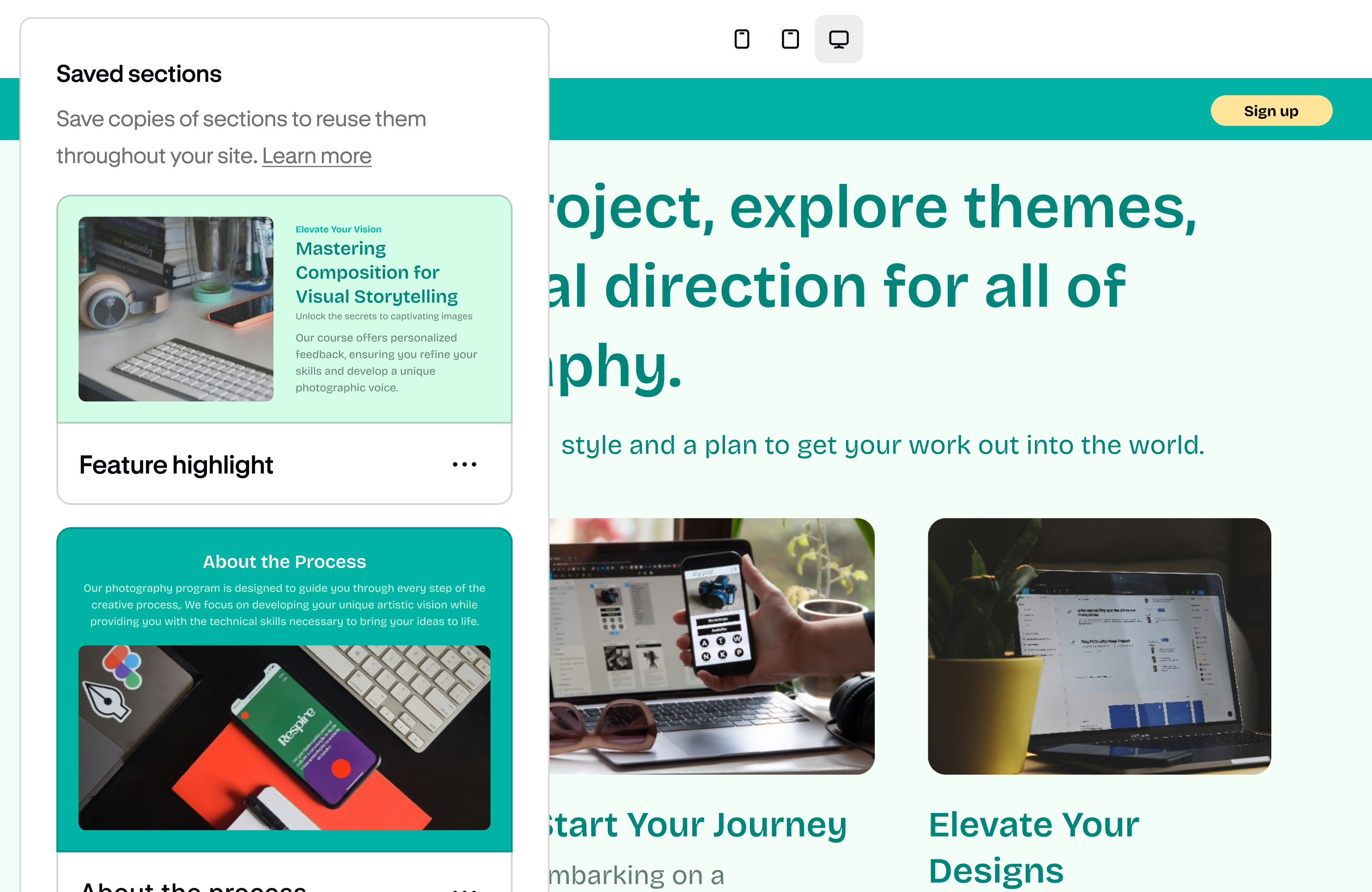 The Podia website builder showing a 'Saved sections' panel for reusing page sections across a site.