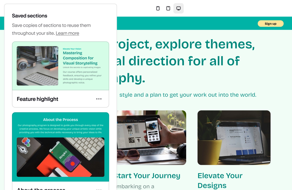 The Podia website builder showing a 'Saved sections' panel for reusing page sections across a site.