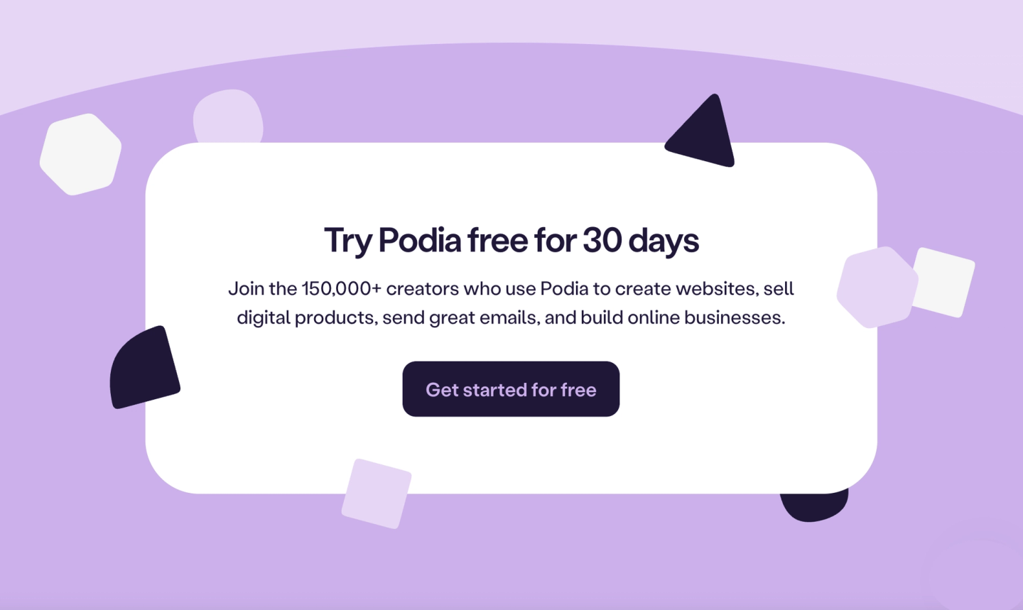 Illustration of Podia pricing page swapping free plan for a thirty-day free trial badge
