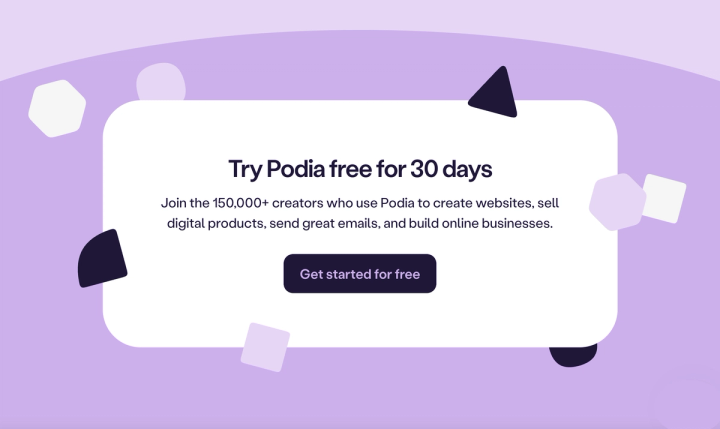 Illustration of Podia pricing page swapping free plan for a thirty-day free trial badge