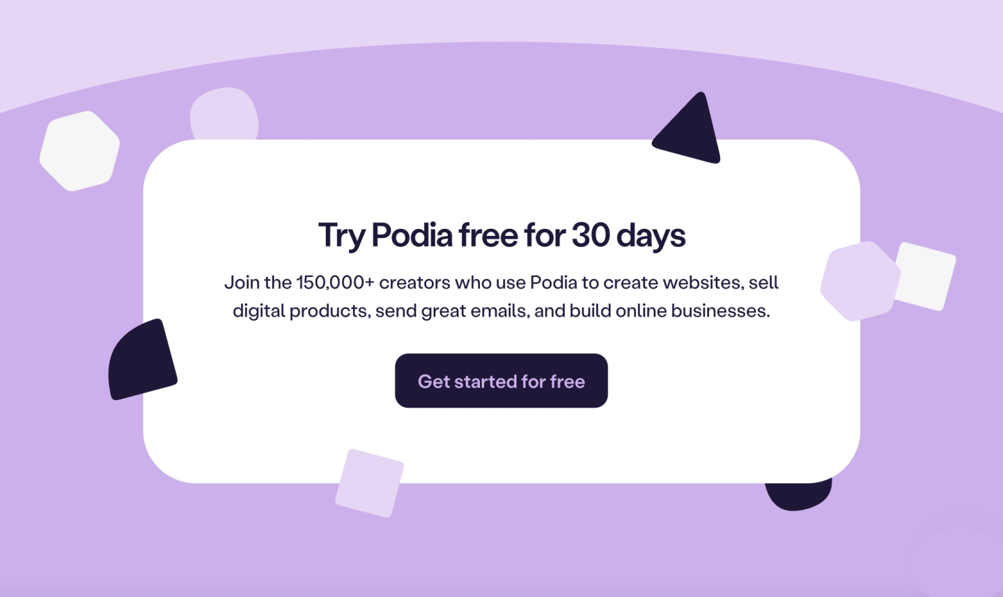 Illustration of Podia pricing page swapping free plan for a thirty-day free trial badge