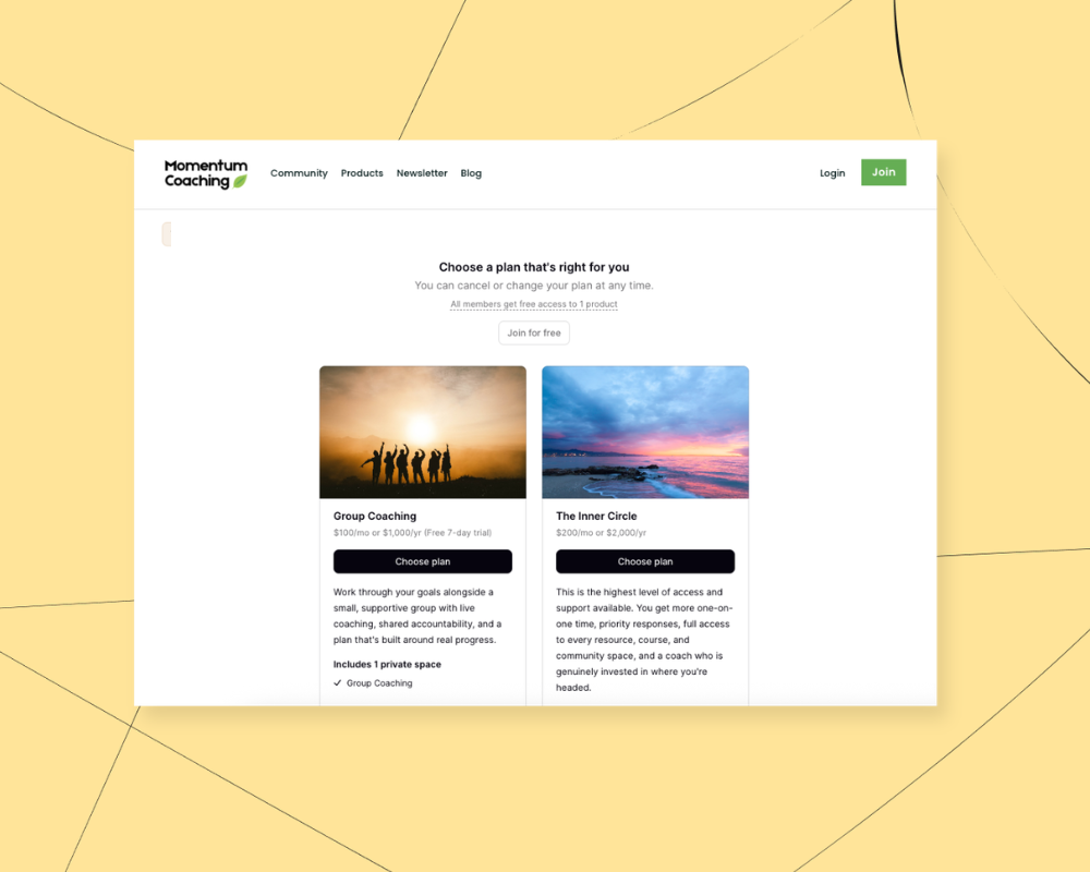 Two contrasting illustrations comparing free and paid online community models side by side