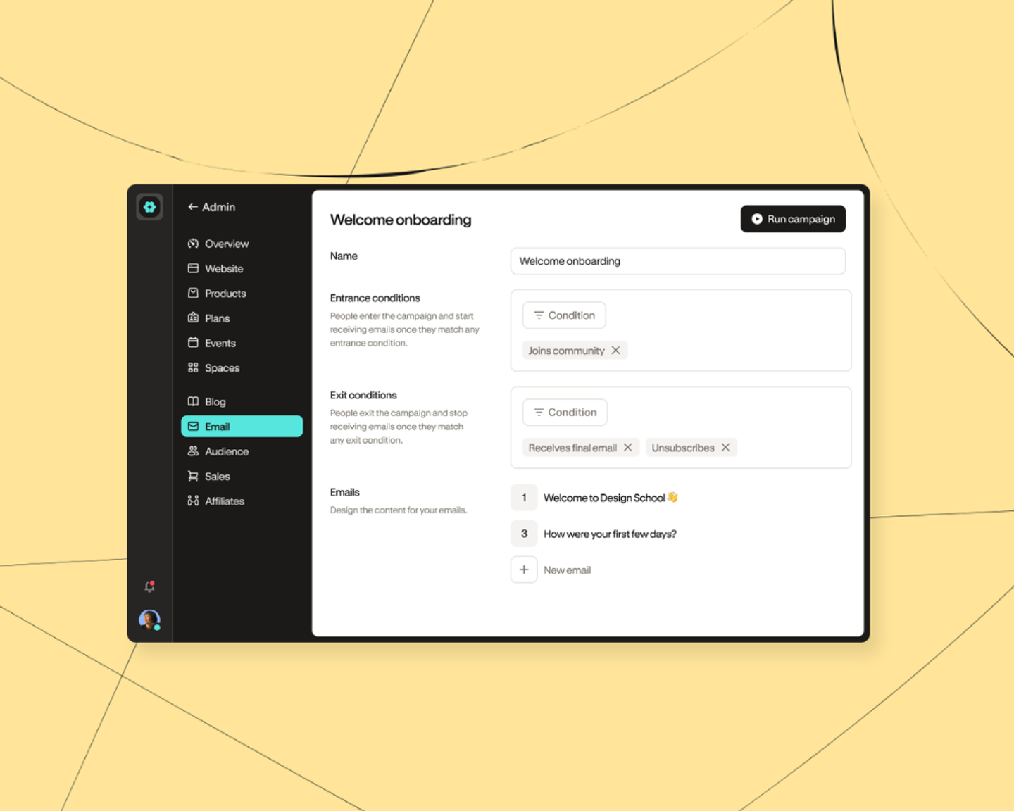 Illustration of Podia's email campaign feature, one of the top email marketing platforms for creators