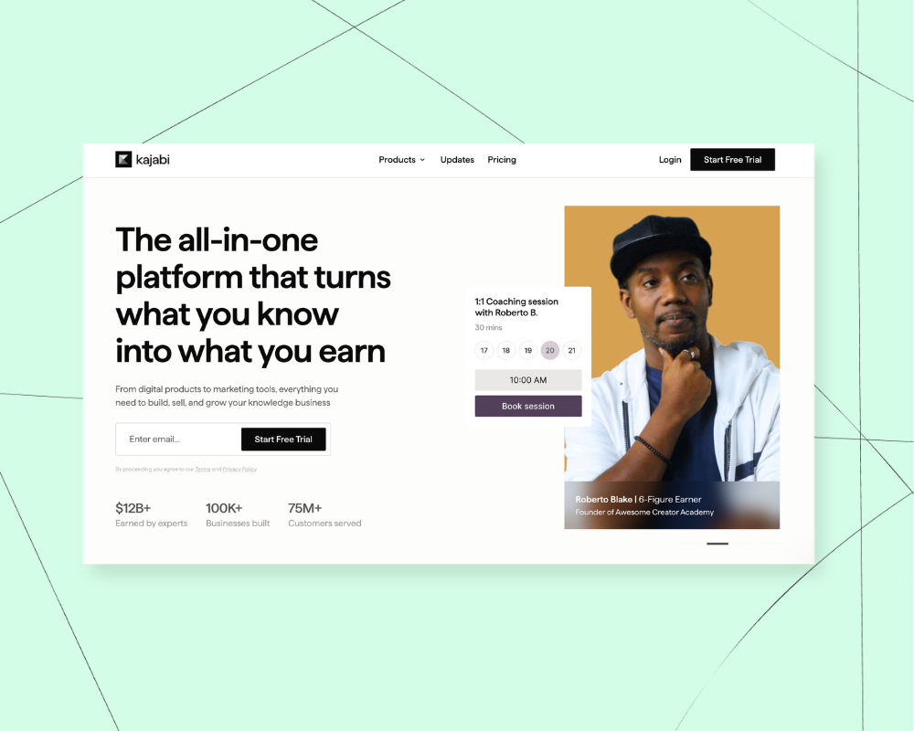Kajabi's home page with their hero text, "Turn what you know into what you're known for"