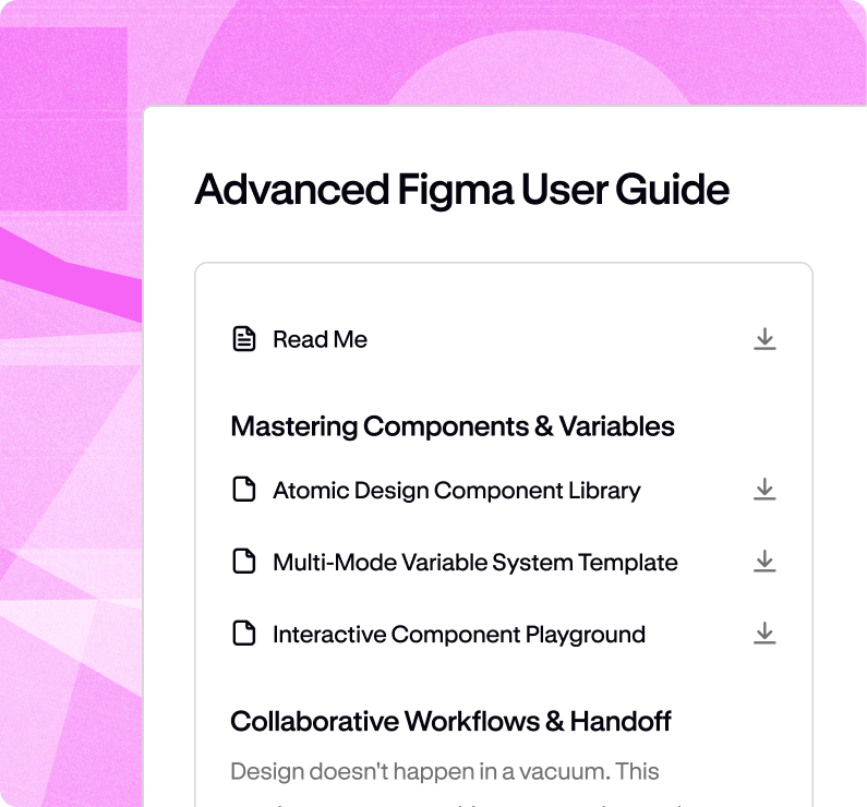 A Podia digital download product page for an 'Advanced Figma User Guide', listing downloadable files.