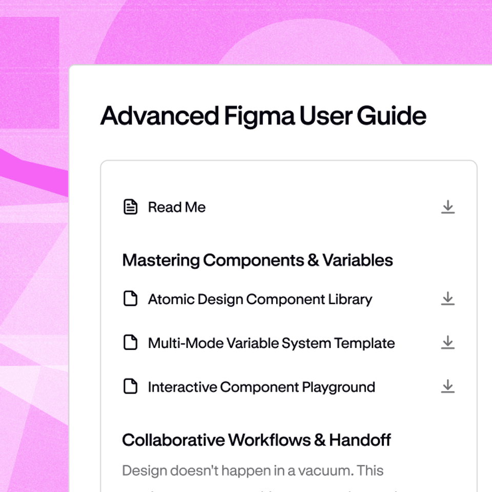 A Podia digital download product page for an 'Advanced Figma User Guide', listing downloadable files.