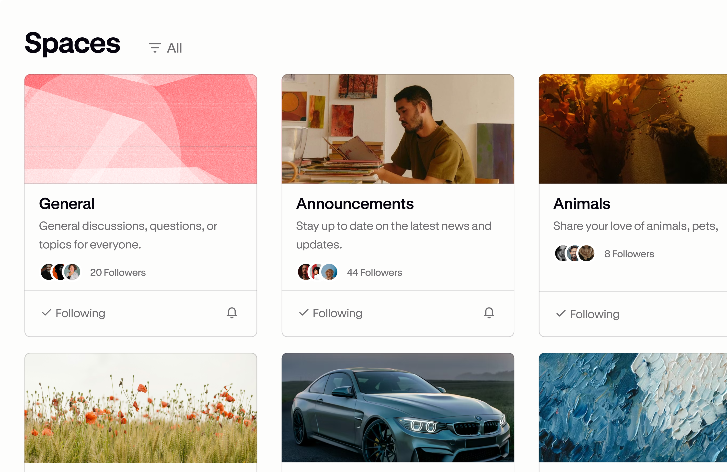 A Podia community 'Spaces' view showing topic spaces with cover images and follower counts.