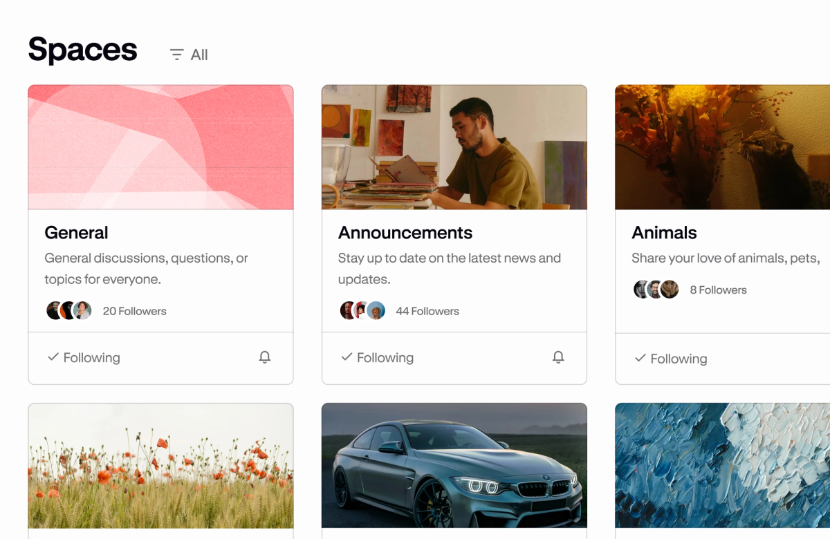 A Podia community 'Spaces' view showing topic spaces with cover images and follower counts.