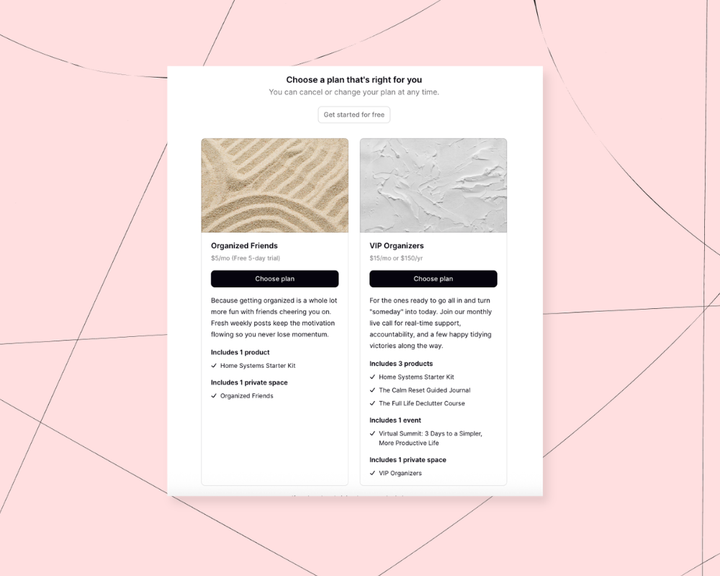 An illustration of a membership site with two plan tiers in Podia