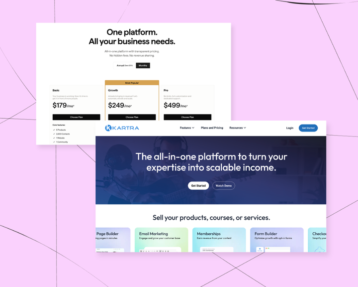 Comparison illustration of Kartra and Kajabi platforms side by side with Podia for creators