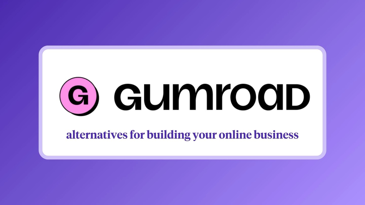 Comparison illustration of Gumroad alternative platforms shown on tablet screens with feature checkmarks