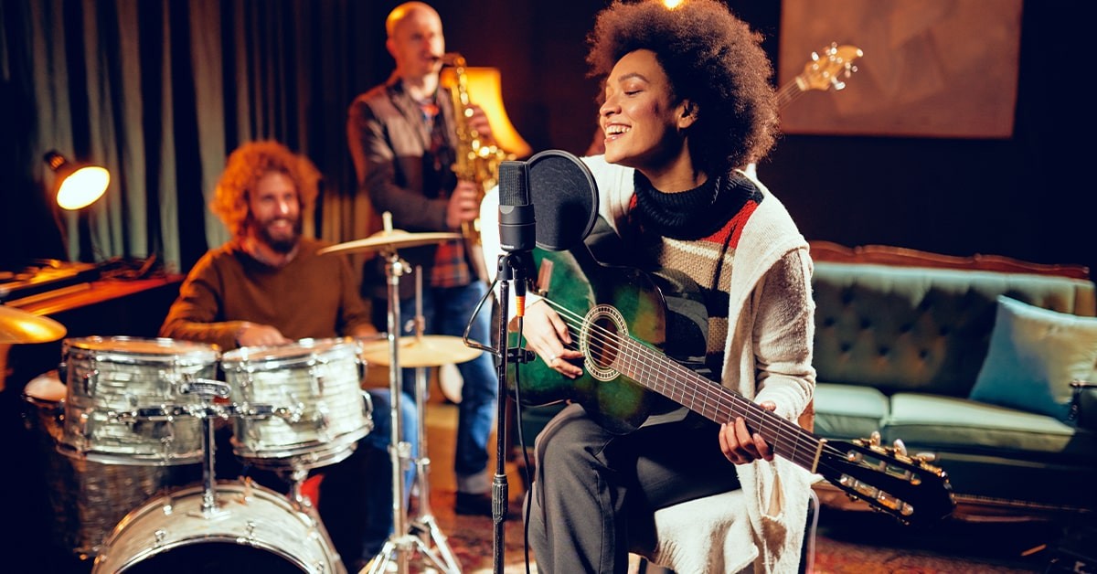 Illustration of a musician monetizing music with headphones, notes, and revenue streams