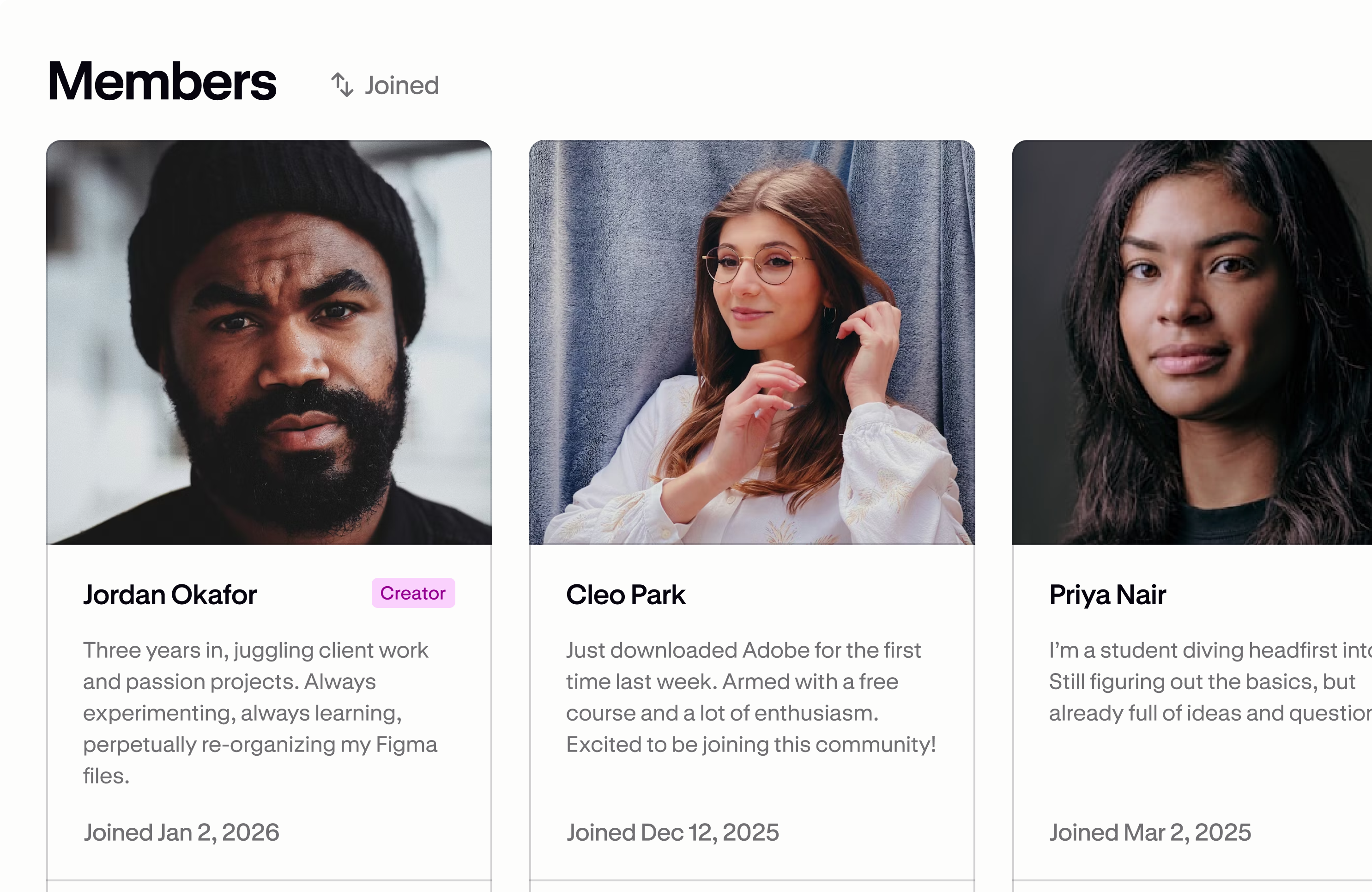 A Podia community members directory showing member profile cards with photos, bios, and join dates.
